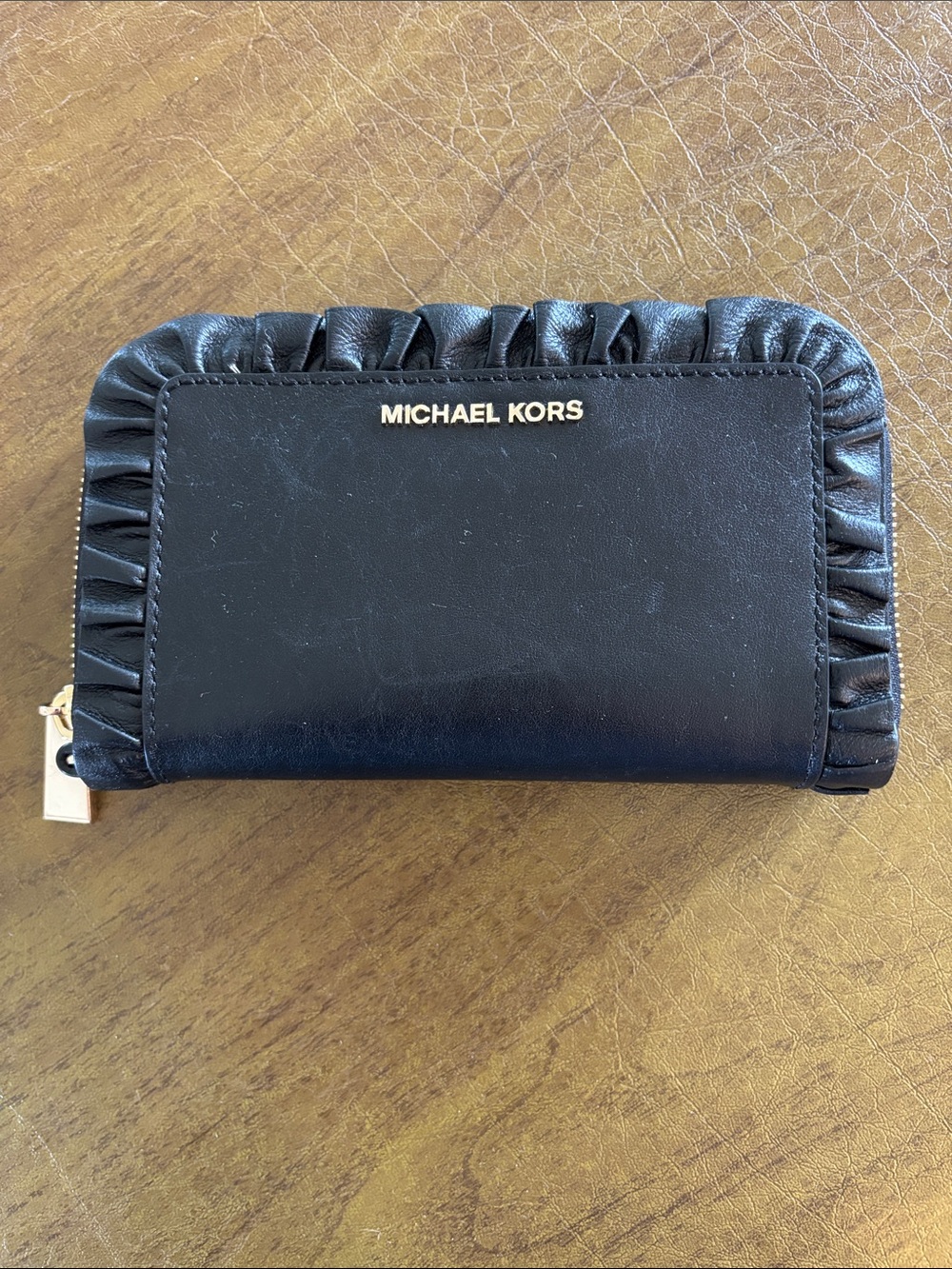 Michael Kors Black Ruffle Zip-Around Wallet with Gold Logo